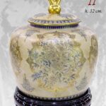 VASO CINESE POUTICHE BASE DA TAVOLO TERRA COPERCHIO ORO BRONZO COLLEZIONE 32cm