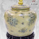 VASO CINESE POUTICHE CON BASE DA TAVOLO TERRA COPERCHIO ORO BLU COLLEZIONE 32 cm