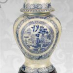 VASO CINESE GRANDE POTICHE VINTAGE CERAMICA BIANCO BLU COPERCHIO + BASE 39 CM