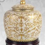 VASO CINESE POUTICHE CON BASE DA TAVOLO TERRA COPERCHIO ORO COLLEZIONE 31 cm