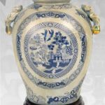 VASO CINESE TAVOLO TERRA AD ANFORA BIANCO BLU DISEGNO TRADIZIONE COLLEZIONE 33cm