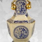 VASO CINESE ANFORA TAVOLO DA TERRA DISEGNO TRADIZIONE COLLEZIONE ORO BLU 36cm