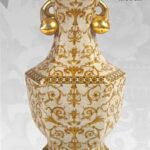 VASO CINESE ANFORA TAVOLO DA TERRA DISEGNO TRADIZIONE COLLEZIONE ORO BRONZO 36cm