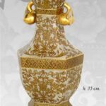 VASO CINESE ANFORA TAVOLO DA TERRA DISEGNO TRADIZIONE COLLEZIONE ORO BRONZO 35cm