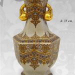 VASO CINESE ANFORA TAVOLO DA TERRA DISEGNO TRADIZIONE COLLEZIONE ORO BRONZO 35cm
