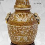 VASO CINESE POUTICHE BASE DA TAVOLO TERRA COPERCHIO ORO BRONZO COLLEZIONE 40cm