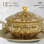 ZUPPIERA OVALE CENTROTAVOLA STILE ANTICO IMPERO ORO CON PIATTO PORCELLANA 34X19
