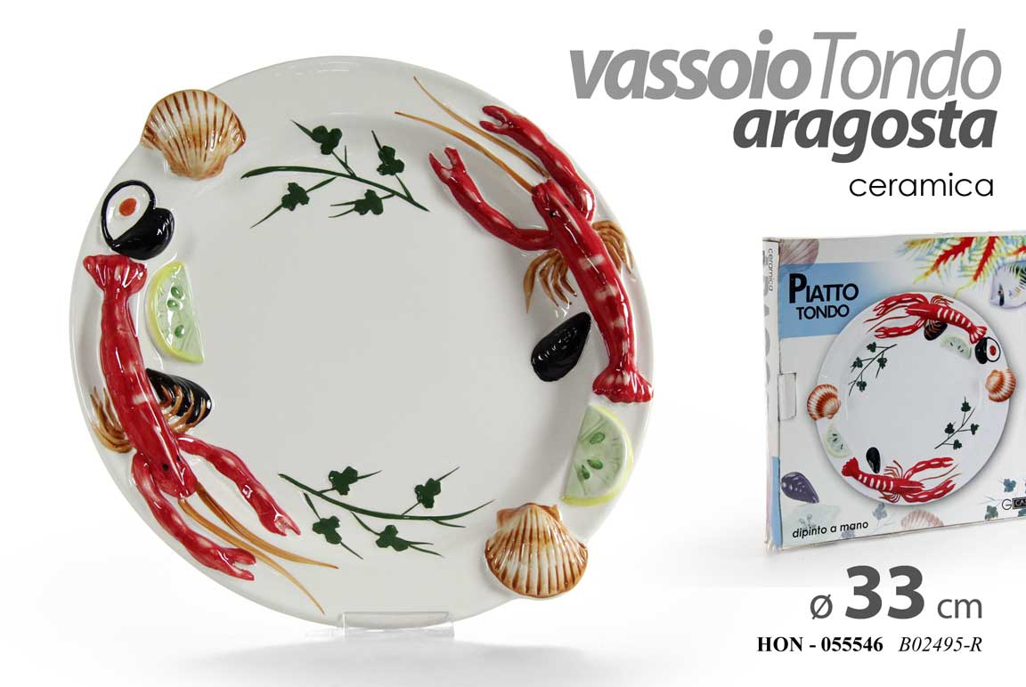 8025569055546 Piatto portata pesce vassoio tondo aragosta mare ceramica bianca rilievo d 33 cm - immagine 1