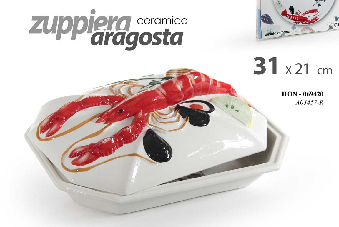 8025569069420 Zuppiera coperchio aragosta mare ceramica portata buffet cucina elegante 31x21 - immagine 1