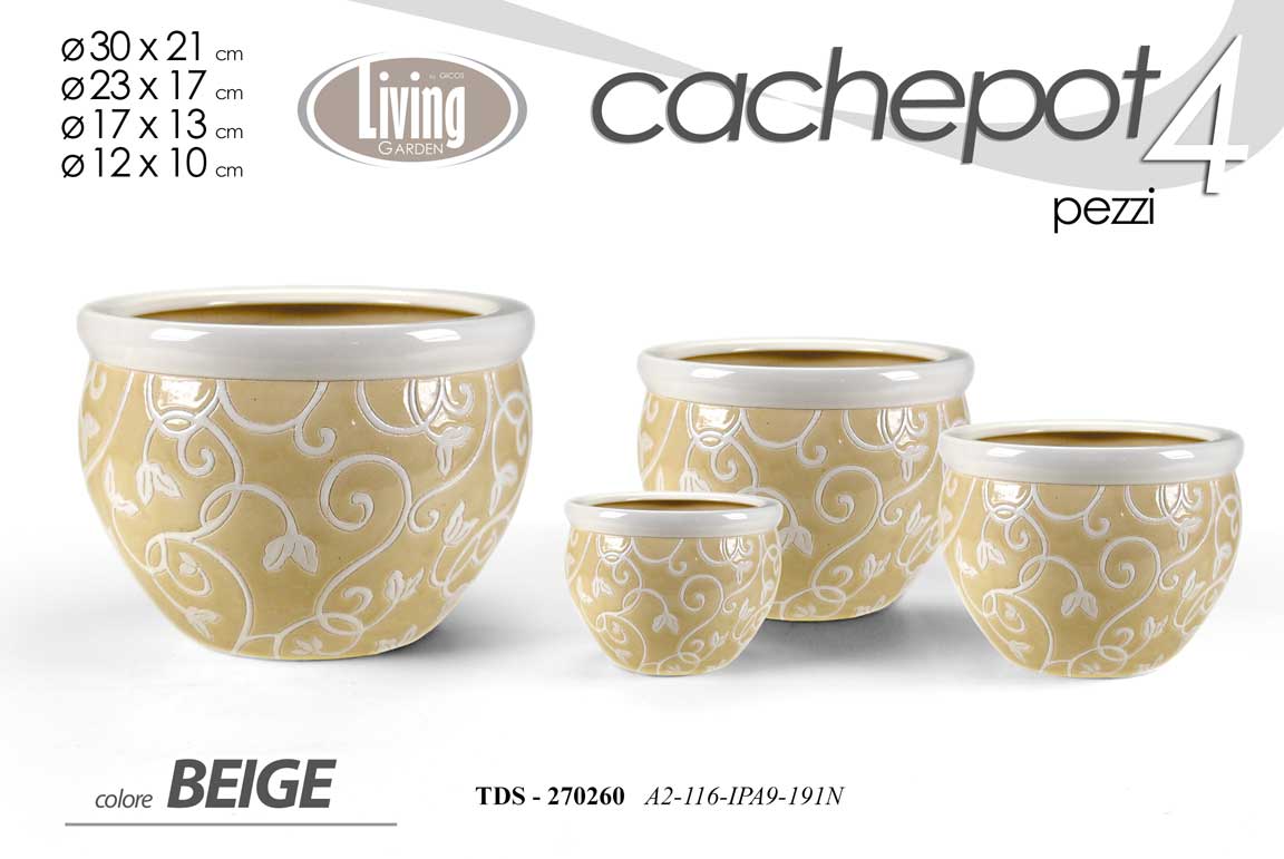 8025569270260 4 VASI CACHEPOT VASO PORTA PIANTA CERAMICA MODERNO CLASSICO BEIGE 30/23/17/12 cm - immagine 1