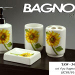 SET ACCESSORI BAGNO CERAMICA GIRASOLE 4 PEZZI PORTA SAPONE SPAZZOLINO BICCHIERE