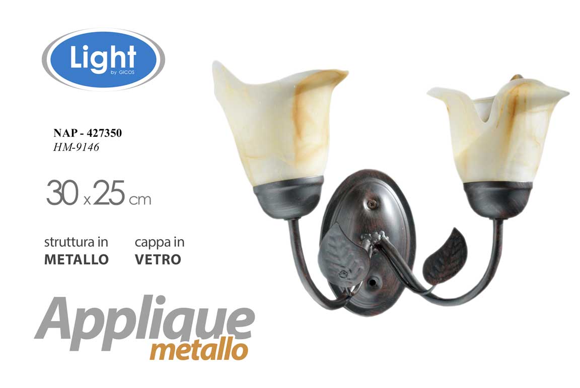 8025569427350 APPLIQUE METALLLO 2 LUCI LAMPADA PARETE MURO BRACCIO FOGLIE COPPE VETRO 30*25cm - immagine 1