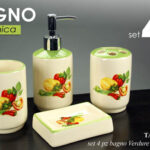 SET 4 ACCESSORI BAGNO DOSATORE PORTA Sapone BICCHIERE SPAZZOLINO VERDURE 11 CM