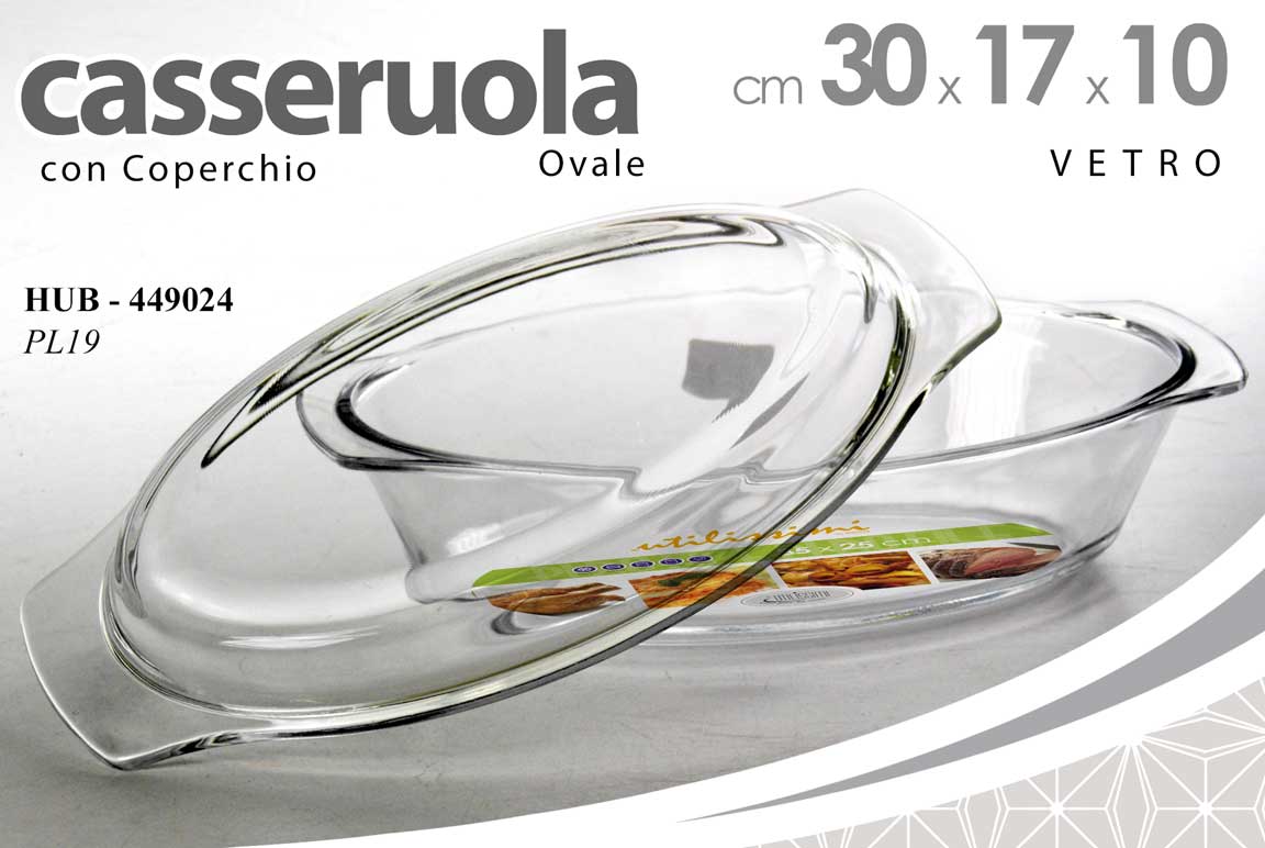 8025569449024 PIROFILA FORNO CON COPERCHIO CASSERUOLA TEGLIA Lasagnera OVALE VETRO 28.5*17*h10 - immagine 1