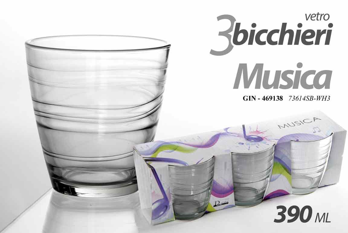 8025569469138 SET 3 BICCHIERI DA TAVOLA ACQUA VINO ROSSO BIANCO VETRO MODERNO MUSICA 390 ML - immagine 1