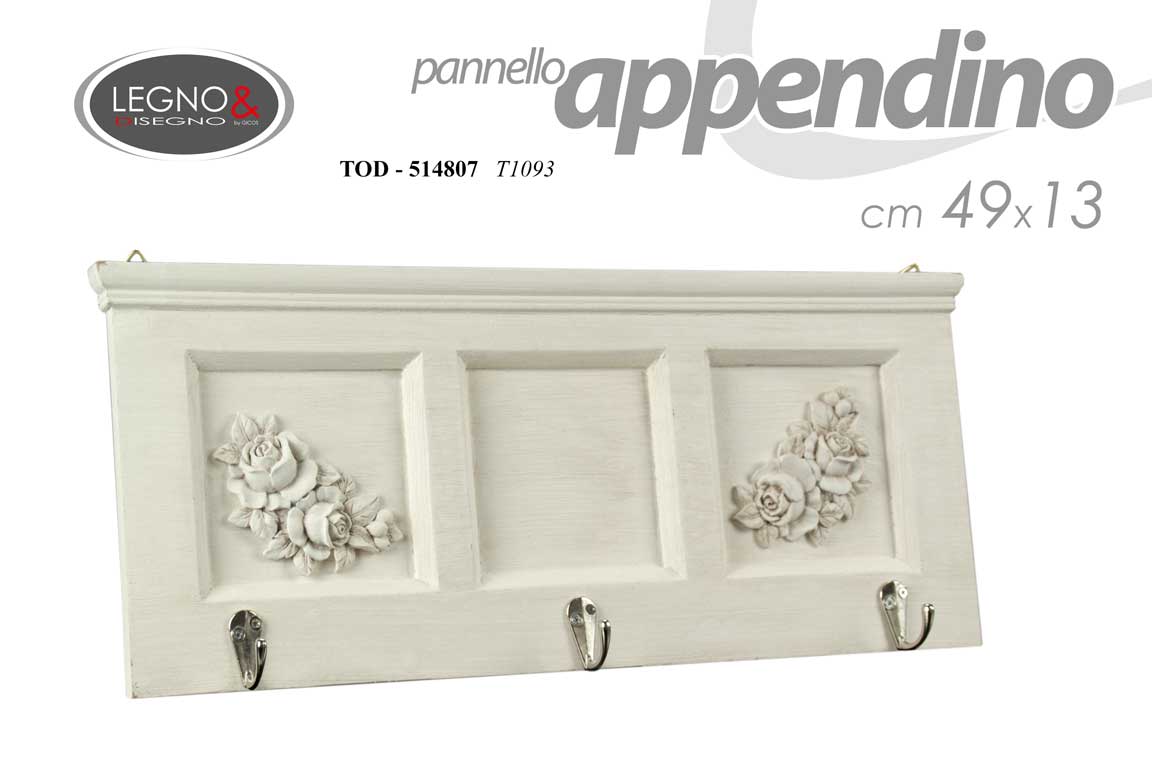 8025569514807 APPENDINO APPENDIABITI DA PARETE ROSE ROSA 3 GANCI MURO LEGNO BIANCO 43*19 cm - immagine 1