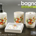 SET 4 ACCESSORI BAGNO FRAGOLA CERAMIC DOSATORE PORTA Sapone BICCHIERE SPAZZOLINO