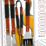 ATTREZZI BARBECUE SET DA 4 COLTELLO PINZA SPATOLA FORCHETTONE MANICO LEGNO