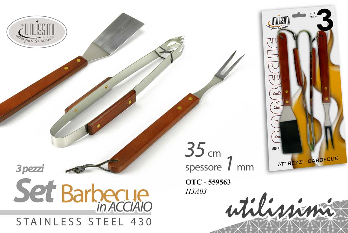 8025569559563 SET ATTREZZI BARBECUE 3 PZ PINZA SPATOLA FORCHETTONE ACCIAIO MANICO LEGNO 35 cm - immagine 1