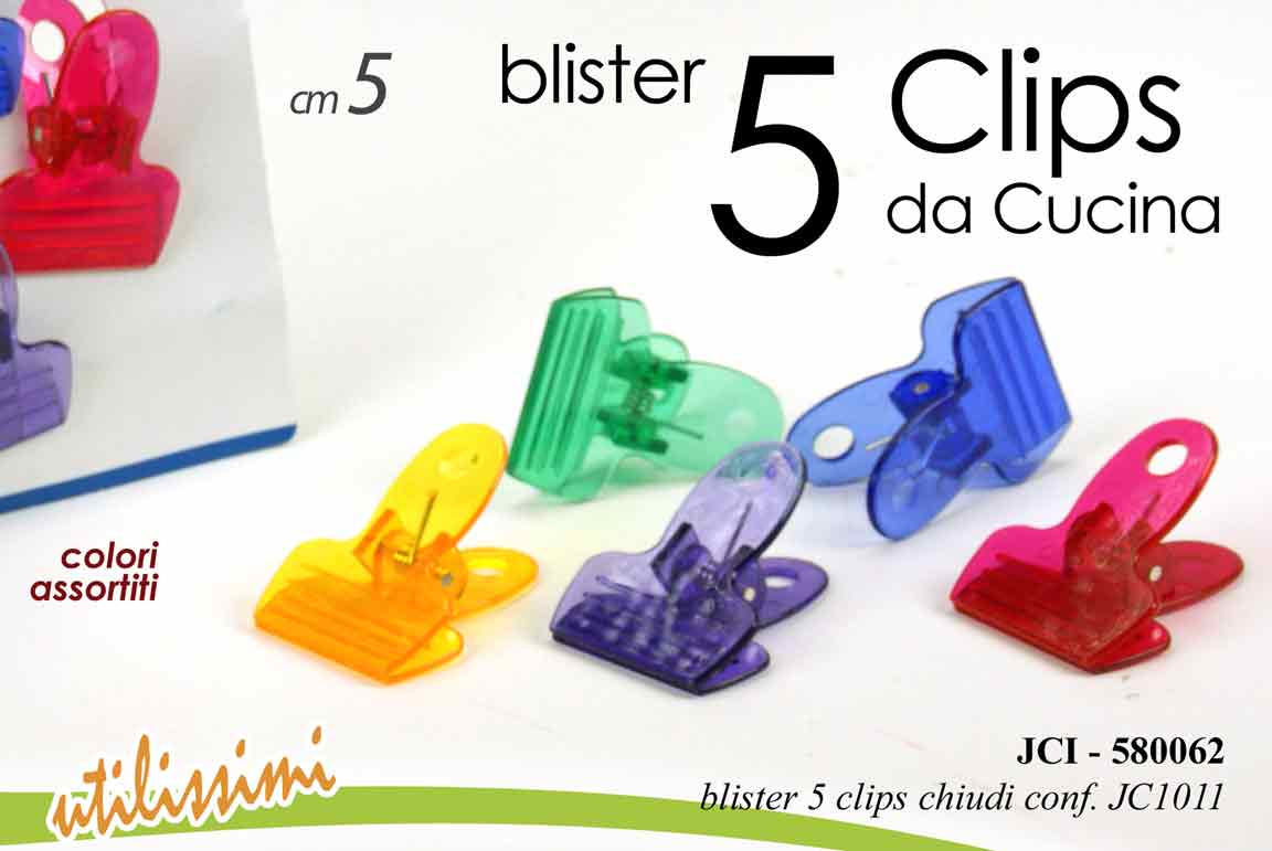 8025569580062 SET 5 PINZE CHIUDI PACCO PASTA CLIPS MOLLETTE SACCHETTI CUCINA PLASTIC 5 CM - immagine 1