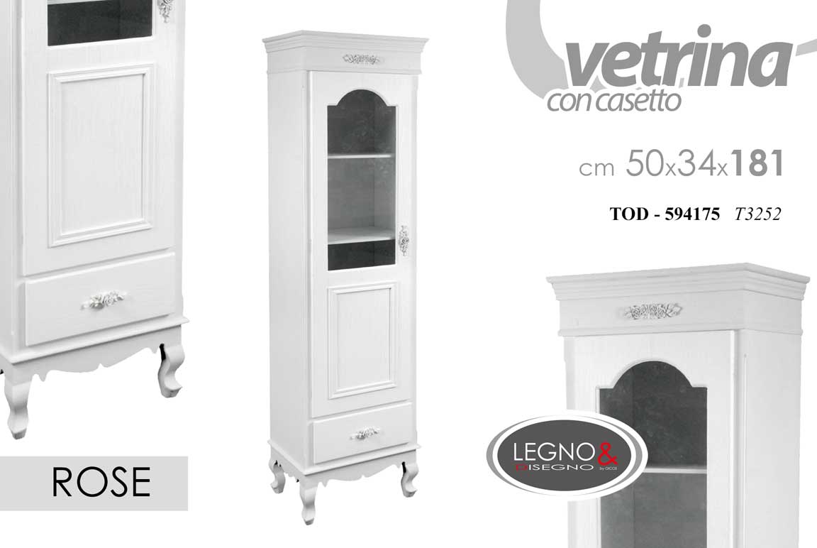 8025569594175 VETRINA COLONNA MOBILE LEGNO BIANCO SHABBY CHIC ANTA CASSETTO ROSE 181*50*34 cm - immagine 1