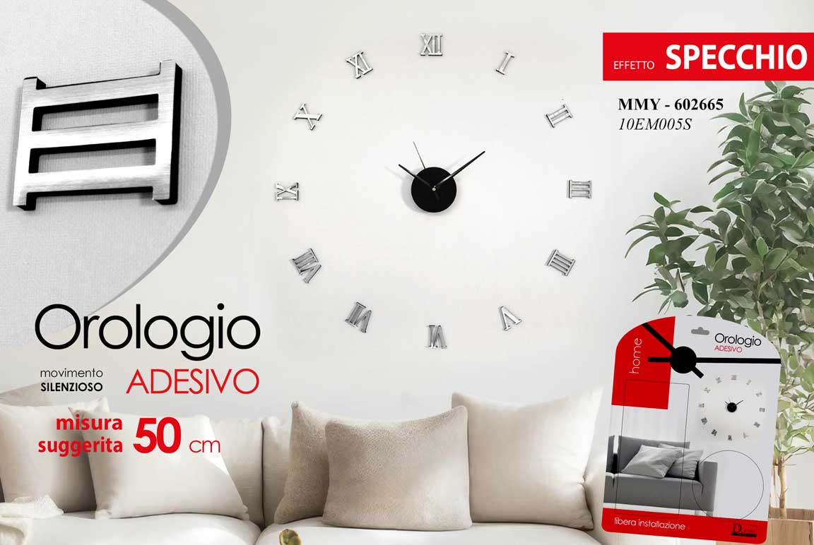 8025569602665 OROLOGIO DA PARETE ADESIVO MODERNO 3D Silenzioso Bassorilievo NUMERI ROMANI 60cm - immagine 1