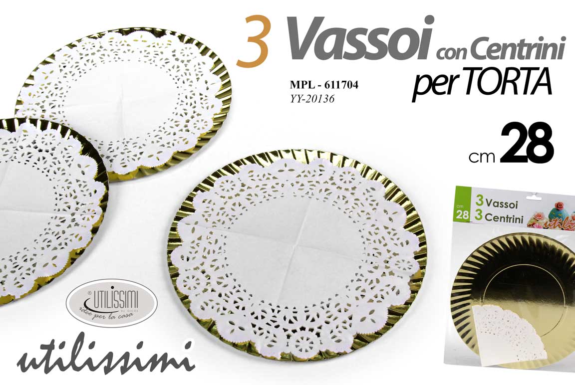 8025569611704 3 VASSOI + 3 CENTRINI SOTTO TORTA TONDO DOLCI ORLATO VASSOIO Pasticceria 28cm - immagine 1