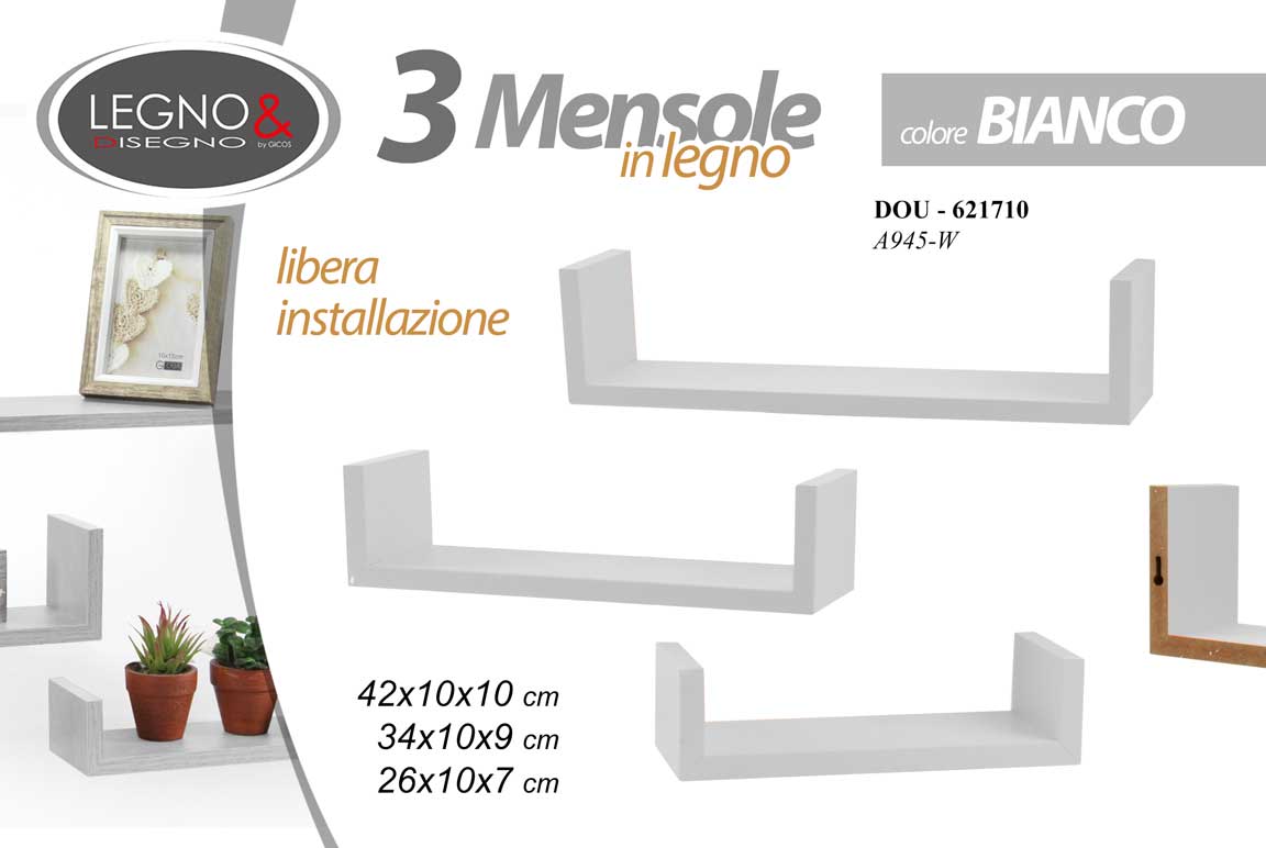 8025569621710 TRIS SET 3 MENSOLE MODERNA PARETE + KIT MONTAGGIO MENSOLA BIANCHE MODERNE CHIC - immagine 1