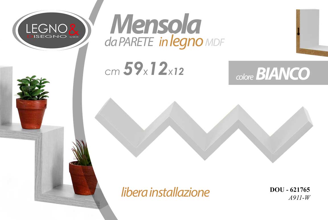 8025569621765 MENSOLA BIANCA 59*12*12 CM ZIG ZAG PARETE LEGNO SCALA SCALETTA + KIT MONTAGGIO - immagine 1
