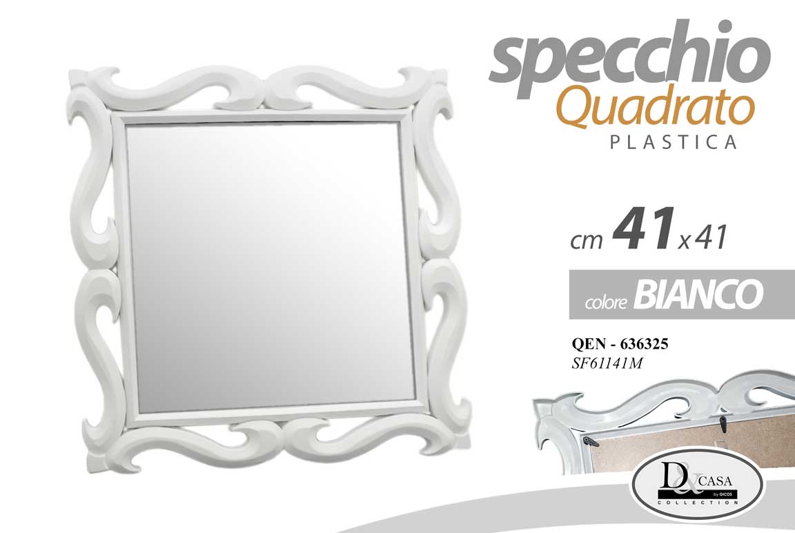 8025569636325 SPECCHIO DA PARETE QUADRATO BIANCO CLASSICO MODERNO SPECCHIERA ACRILICO 41*41 cm - immagine 1