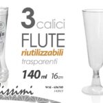 3 CALICI FLUTE RIGIDI Spumante Champagne FESTE PARTY RIUTILIZZABILI 140 ML h16cm