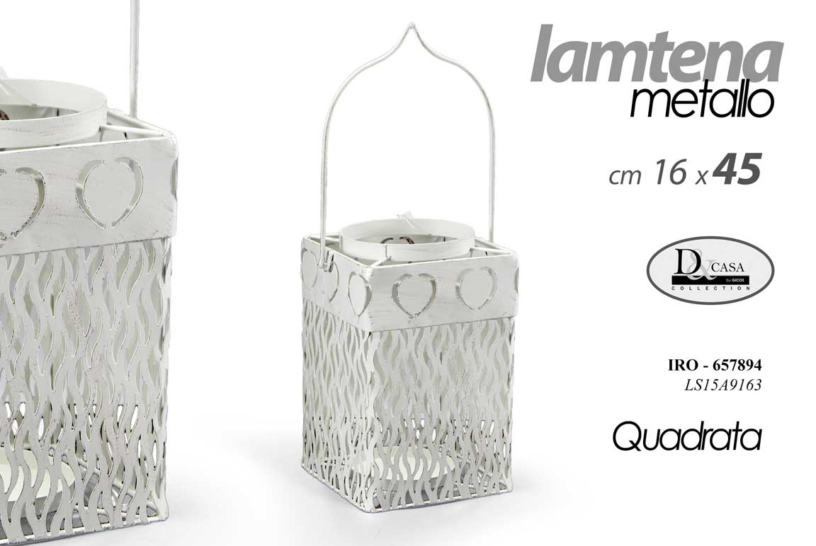 8025569657894 LANTERNA PORTA CANDELA QUADRATA CUORE TEALIGHT METALLO BIANCO TRAFORATO 45*16cm - immagine 1