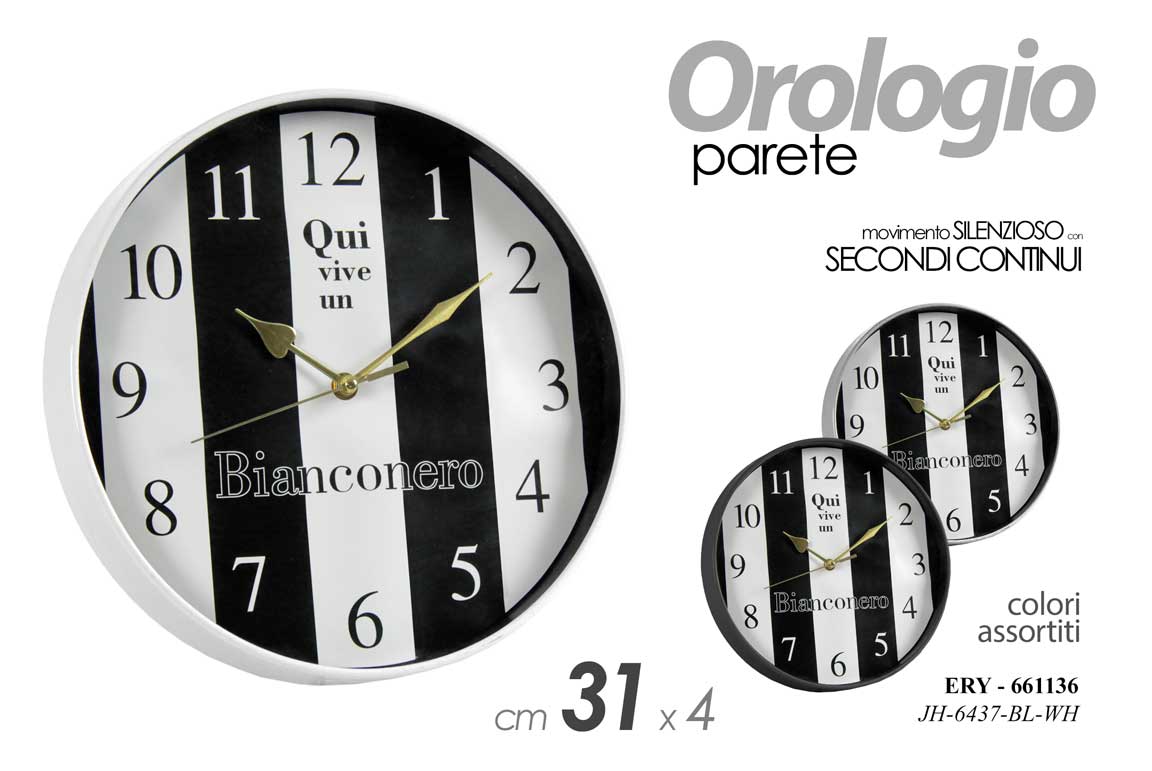 8025569661136 OROLOGIO DA PARETE MURO TONDO SILENZIOSO CALCIO QUI VIVE UN BIANCO NERO 31 cm - immagine 1