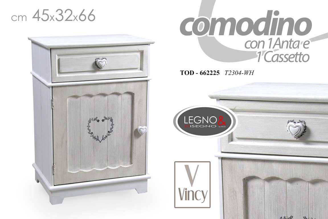 8025569662225 COMODINO CUORE ARMADIETTO ANTA + CASSETTO CAMERA LETTO INGRESSO BAGNO 66*45*32cm - immagine 1