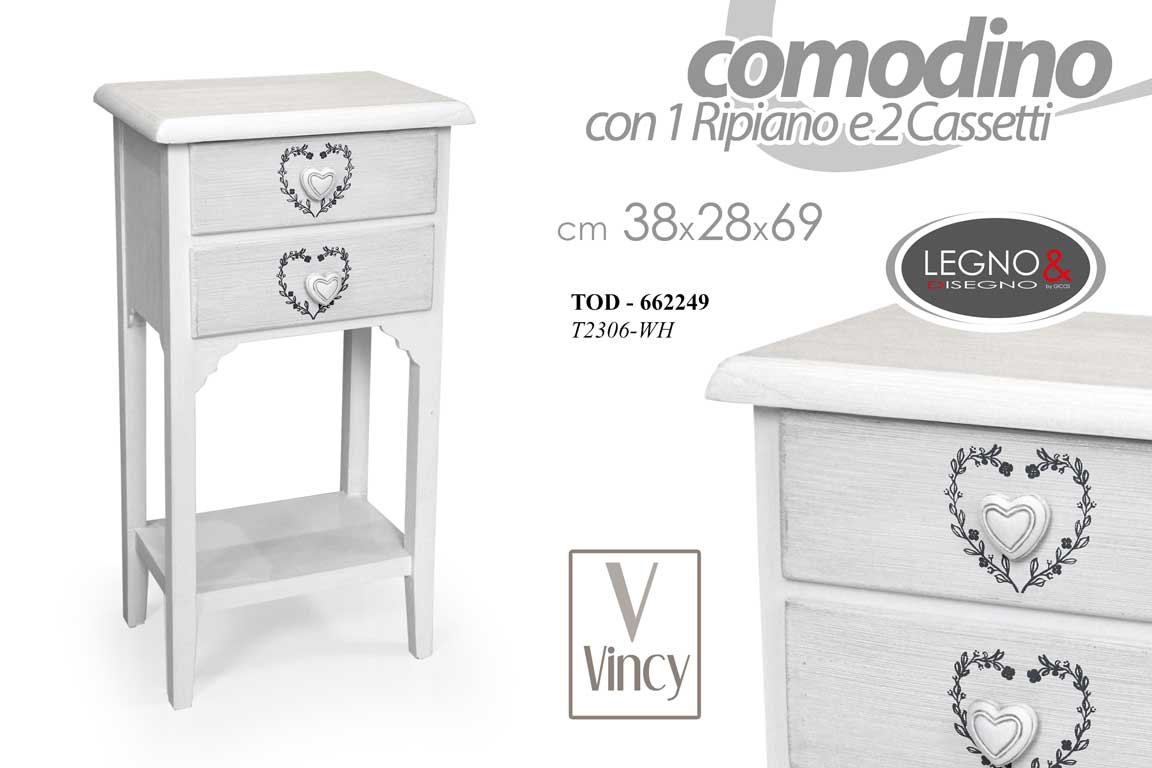 8025569662249 COMODINO h69*38*28cm CUORE BIANCO 2 CASSETTI + RIPIANO SHABBY CHIC PROVENZALE - immagine 1