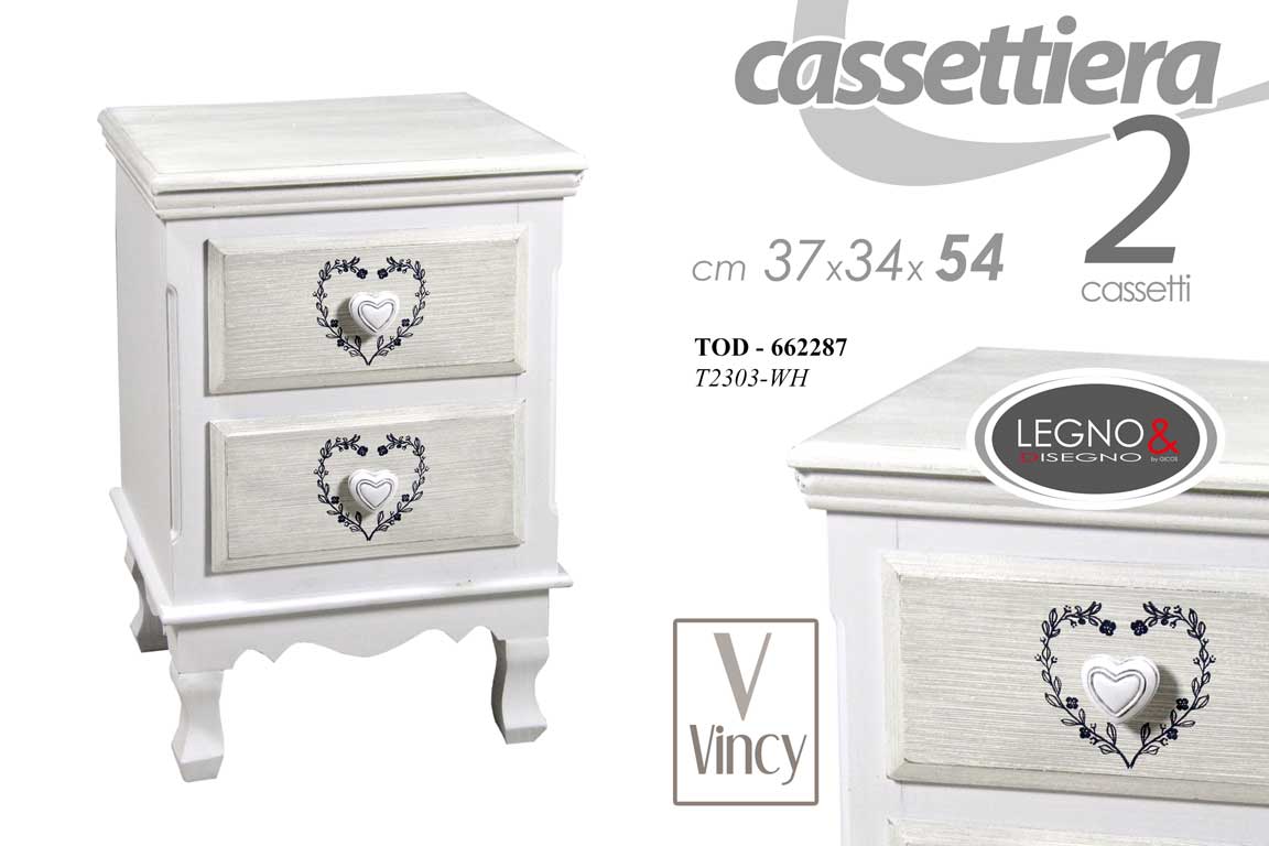 8025569662287 COMODINO CUORE 2 CASSETTI BIANCO SHABBY CHIC CASSETTIERA CAMERA LETTO 54*37*34cm - immagine 1