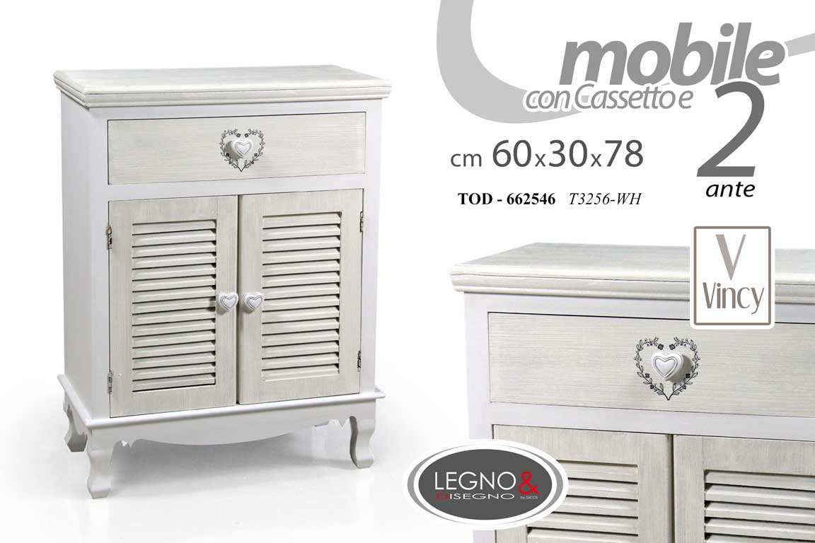 8025569662546 MOBILE ARMADIO 2 ANTE + CASSETTO COMODINO BIANCO CUORE SHABBY CHIC 80*60*30 cm - immagine 1