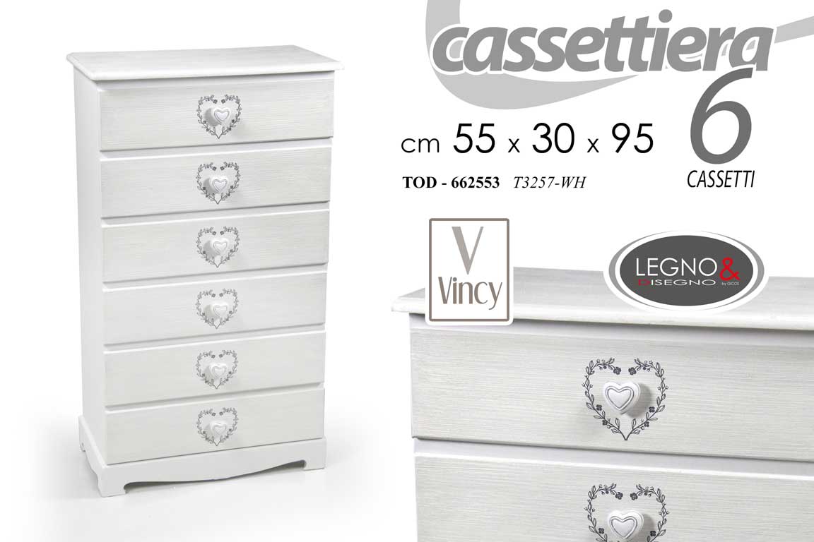 8025569662553 CASSETTIERA SETTIMINO 6 CASSETTI h95*55*30cm LEGNO BIANCO SHABBY CHIC CUORE - immagine 1