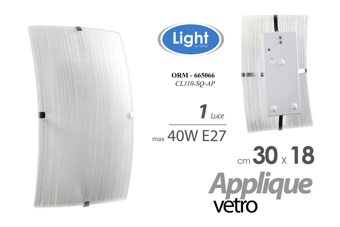 8025569665066 APPLIQUE PARETE MURO PLAFONIERA VETRO RETTANGOLARE BIANCO SPAZZOLATO LUCE 30*18 - immagine 1