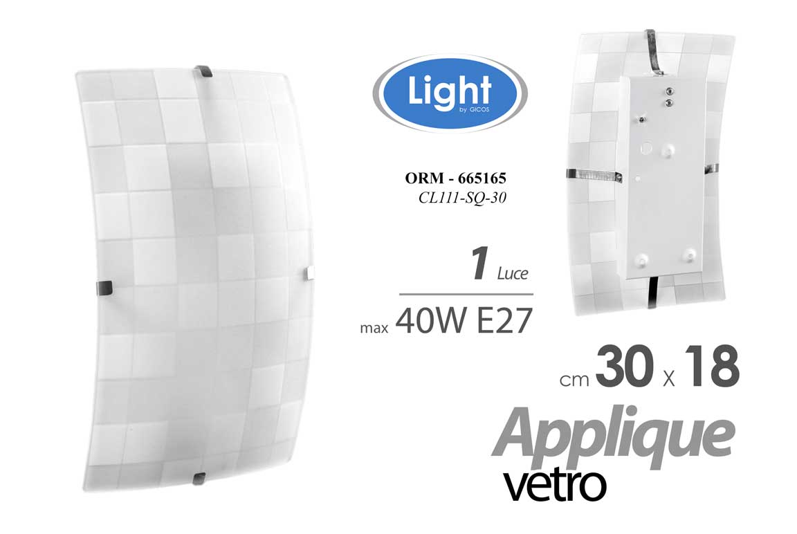 8025569665165 APPLIQUE 1 LUCE 30*18CM PARETE MURO PLAFONIERA VETRO RETTANGOLARE BIANCO SCACCHI - immagine 1