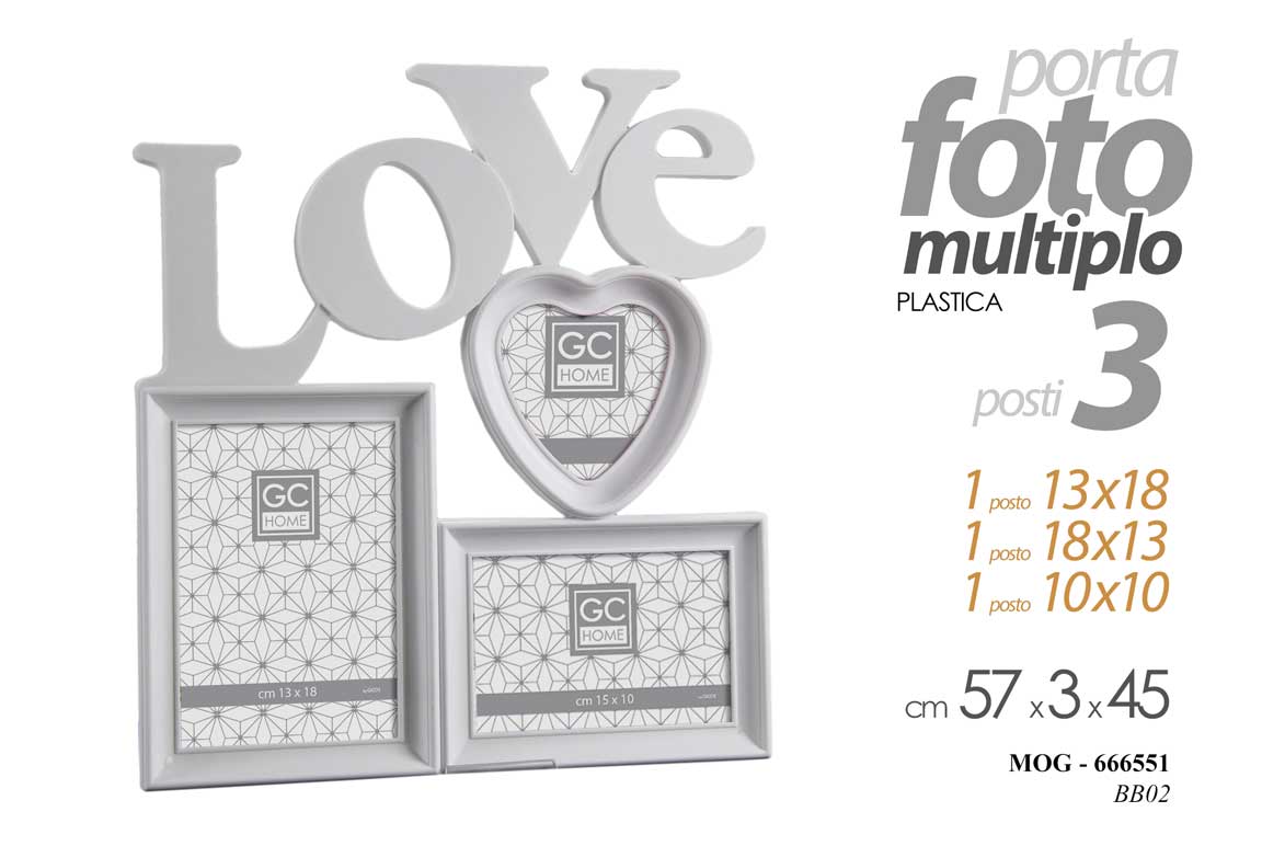 8025569666551 PORTAFOTO MULTIPLO PARETE TAVOLO BIANCO LOVE CUORE CORNICE 3 FOTO PLASTIC 33*36 - immagine 1