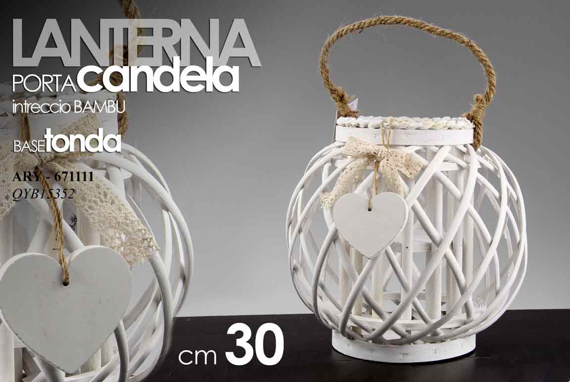 8025569671111 LANTERNA PORTACANDELA TEA LIGHT BIANCA CUORE LEGNO ROTONDA BICC VETRO 30 CM - immagine 1