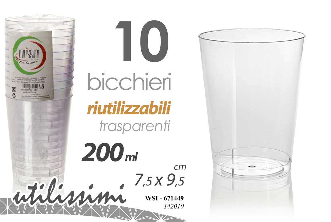 8025569671449 10 BICCHIERI FESTE PARTY ACQUA BIBITA COMPLEANNO RIGIDI RIUTILIZZABILI 200 ML - immagine 1