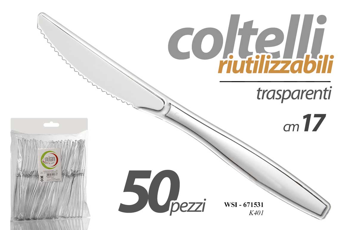 8025569671531 50 COLTELLI RIUTILIZZABILI FESTE PARTY POSATE TRASPARENTE Rigide COLTELLO 17 cm - immagine 1