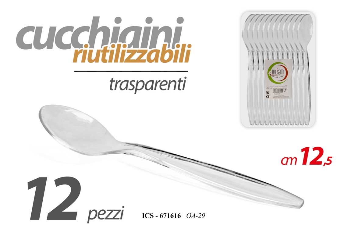 8025569671616 12 CUCCHIAINI RIUTILIZZABILI CUCCHIAIO FESTE PARTY Trasparenti Rigide 12,5 cm - immagine 1