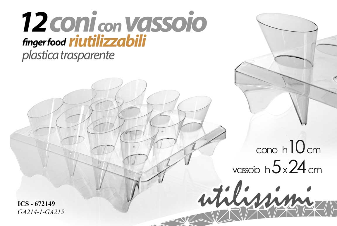 8025569672149 Set 12 coni vassoio finger food riutilizzabile buffet trasparente plastica 24 cm - immagine 1