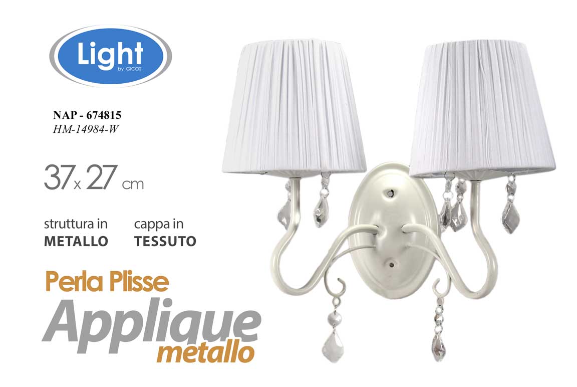 8025569674815 APPLIQUE METALLLO 2 LUCI LAMPADA PARETE MURO BRACCIO ANTICATO PERLA PLISSE 37*27 - immagine 1