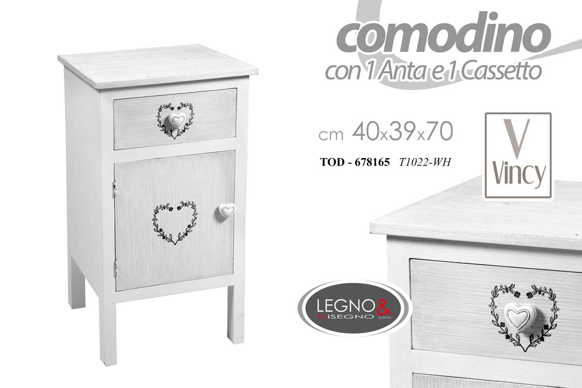 8025569678165 COMODINO ANTA CASSETTO SHABBY CHIC SALOTTO CAMERETTA LEGNO BIANCO CUORE H70*40cm - immagine 1