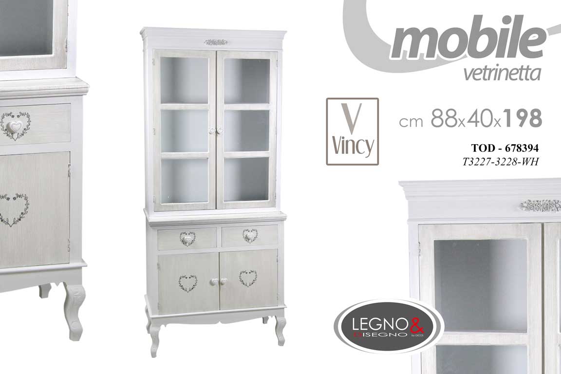8025569678394 MOBILE CREDENZA VETRINA CUORE 4 ANTE 2 CASSETTI ARMADIO BIANCO VINCY 198*88*40 - immagine 1