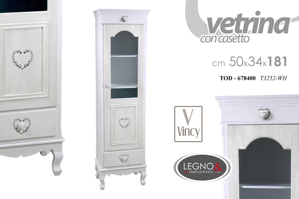 8025569678400 VETRINA COLONNA MOBILE LEGNO BIANCO SHABBY CHIC ANTA CASSETTO CUORE 181*50*34 cm - immagine 1
